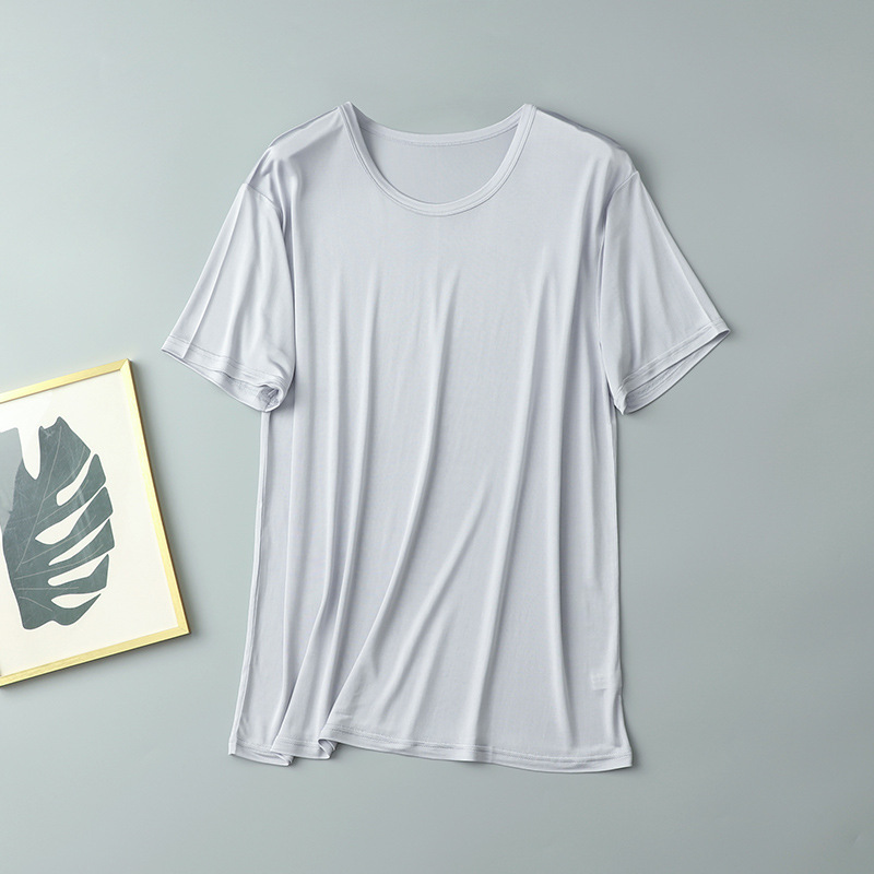 Summer Knit Silk Men's Short Sleeve T-Shirt Solid Color Breathable Round Neck Loose Oversized Sweatshirt